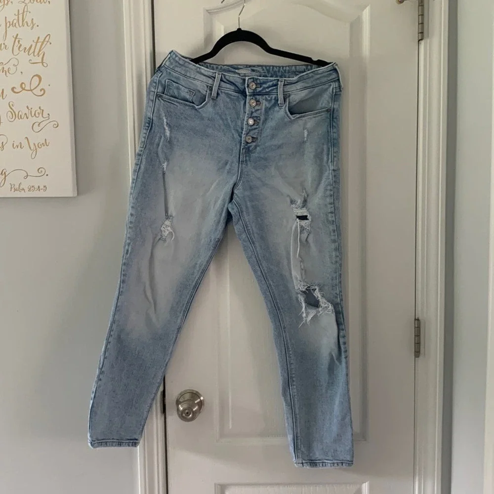 Old Navy‎ Power Slim Straight Hi-Rise Jeans sz 12 distressed buttons fly festive